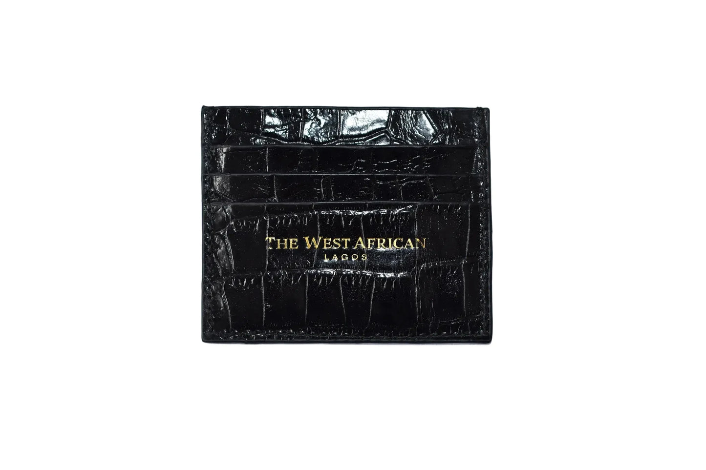 Black crocodile skin wallet with 'The West African' branding on a white background
