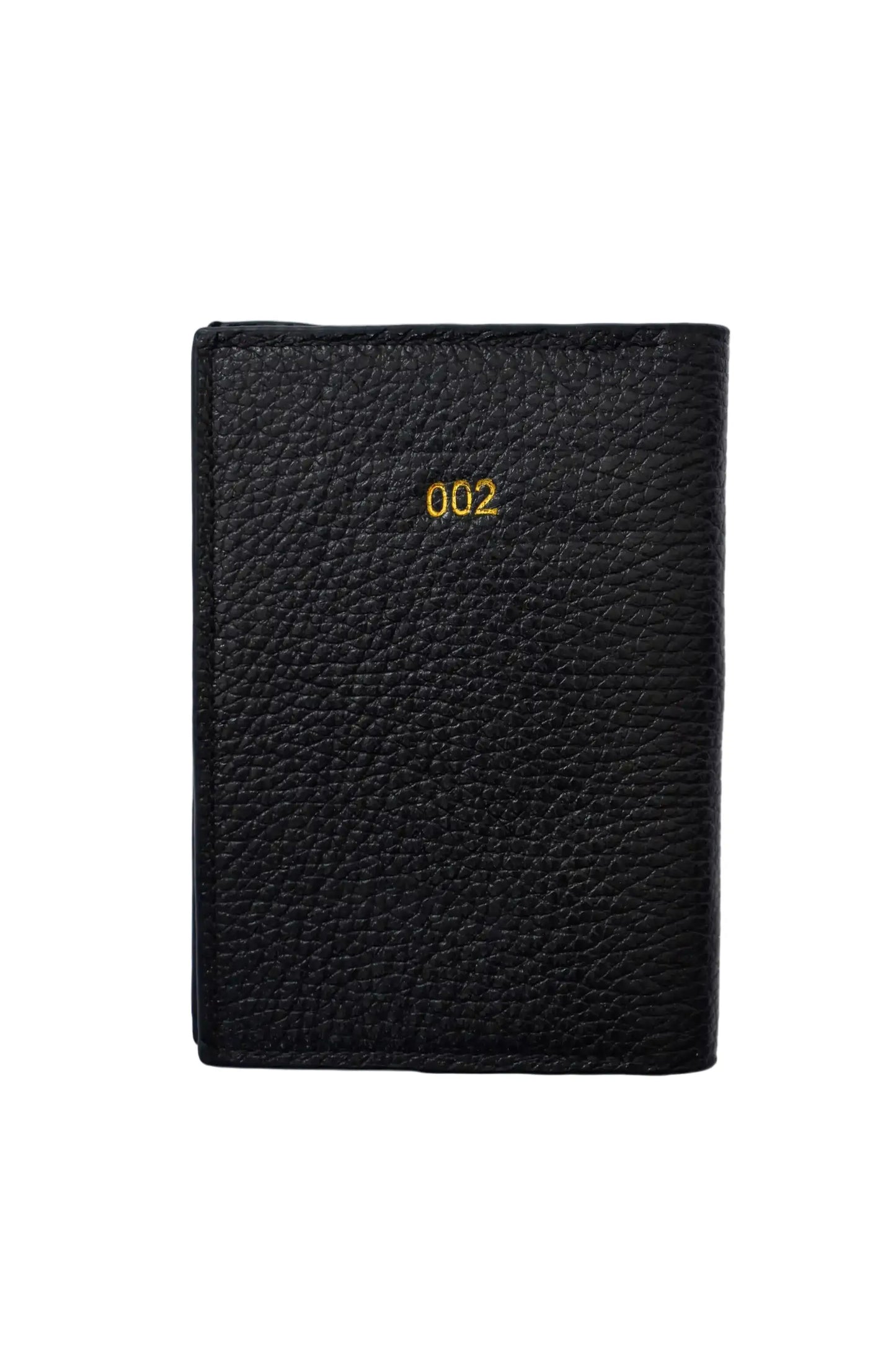 Black textured wallet with '002' branding on a white background