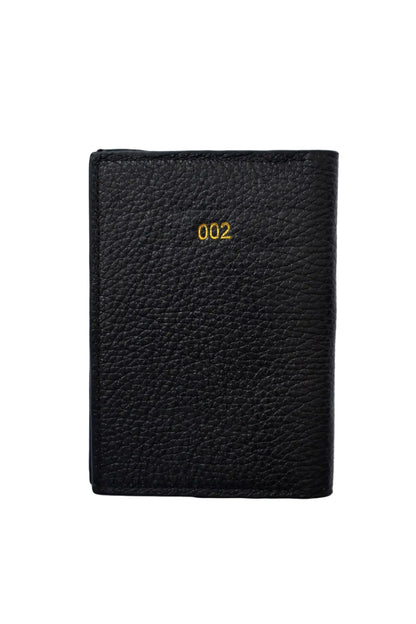 Black textured wallet with '002' branding on a white background