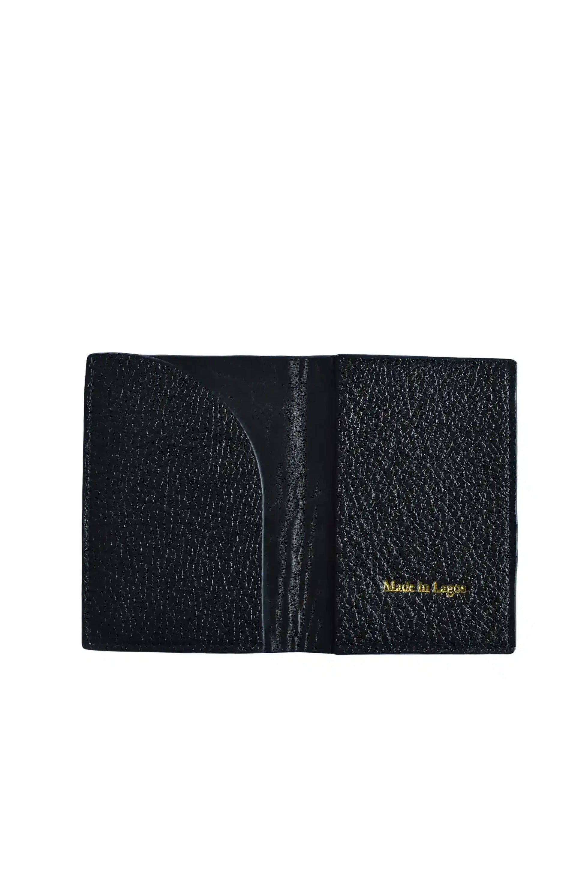 Black leather wallet with 'Made in Lagos' engraving on a white background